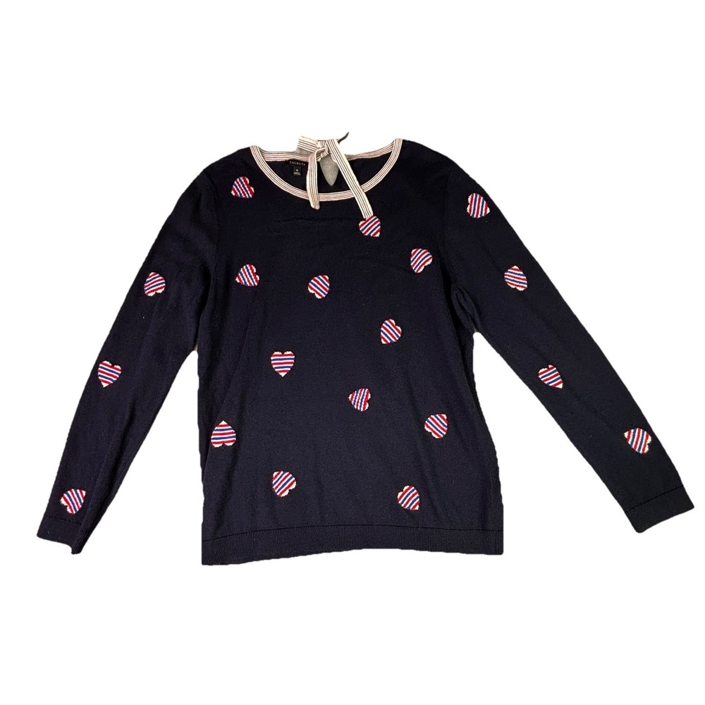 Talbots Navy Heart Print Tie Back Sweater, Size Medium, Love Valentine Patriotic